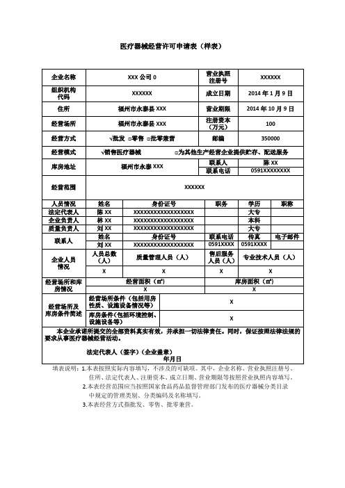 医疗器械经营许可申请表(样表)