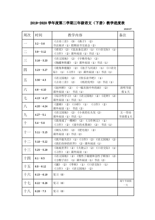 部编人教版三年级语文下册三下语教学进度表