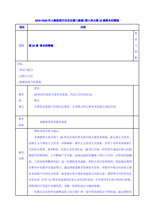 人教版高中历史必修3第八单元 19世纪以来的世界文学艺术第23课 美术的辉煌教案(3)