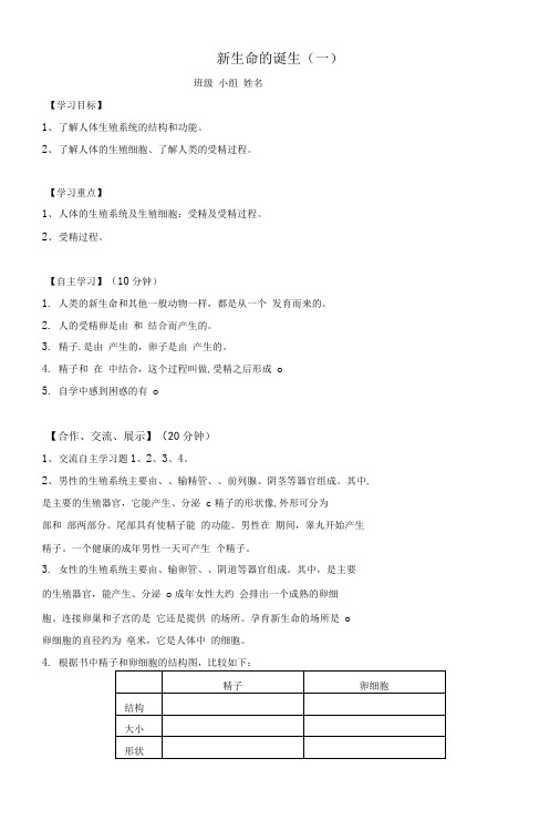 七年级科学下册11新生命的诞生一学案无答案浙教版.doc