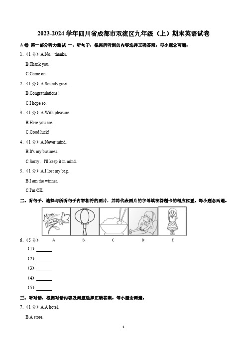 四川省成都市双流区2023-2024学年九年级上学期期末英语试卷(含解析)