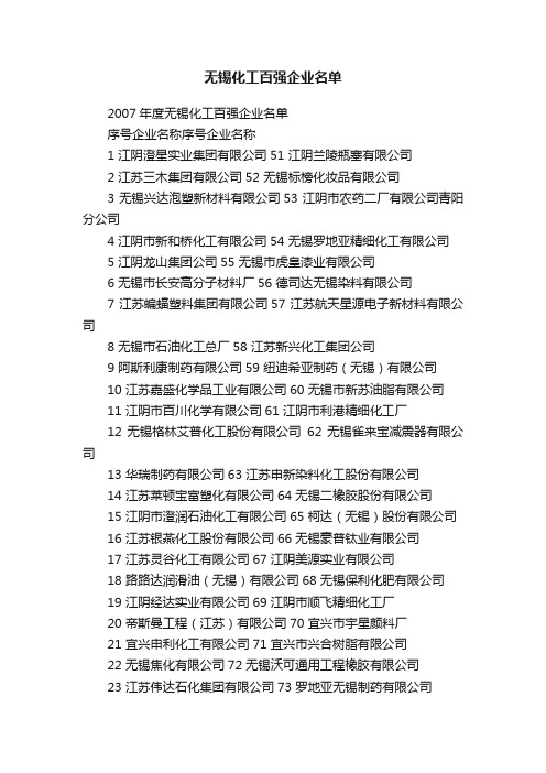 无锡化工百强企业名单