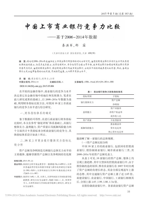 中国上市商业银行竞争力比较_基于2006_2014年数据_秦洪军