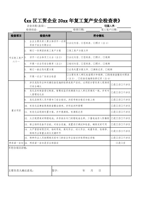 复工复产安全检查表