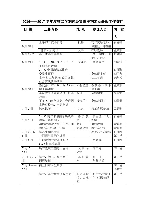 20162017学第二学期首经贸附中期末及暑假工作安排