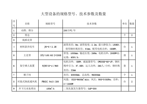 大型设备的规格型号、技术参数及数量