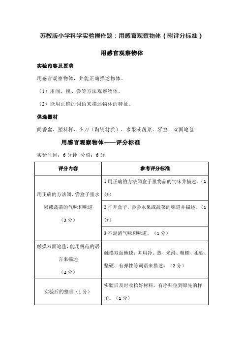 苏教版小学科学实验操作题：用感官观察物体(附评分标准)