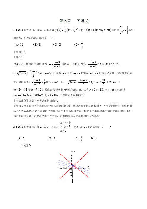 2015年高考数学(理)试题分类汇编：专题07 不等式-推荐下载