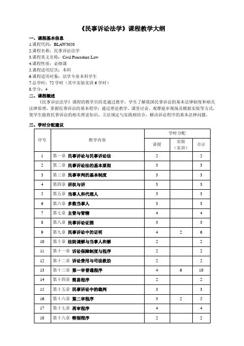 《民事诉讼法学》课程教学大纲