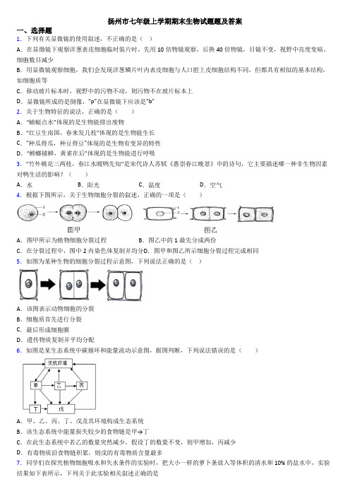 扬州市七年级上学期期末生物试题题及答案