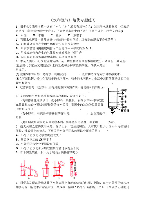 沪教版九年级化学专题汇编：《水和氢气》培优专题练习