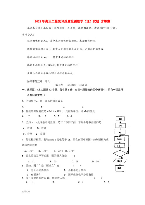 2021-2022年高三二轮复习质量检测数学(理)试题 含答案