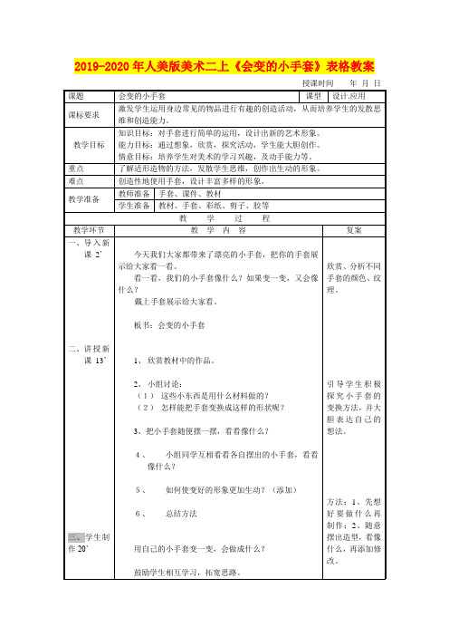 2019-2020年人美版美术二上《会变的小手套》表格教案