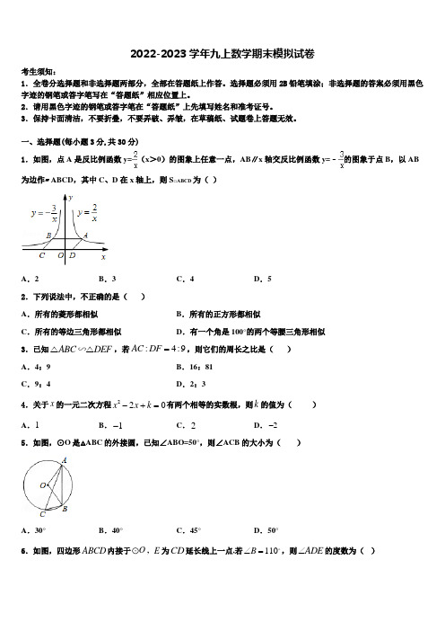 2022年安徽省阜阳市第九中学数学九年级第一学期期末检测试题含解析