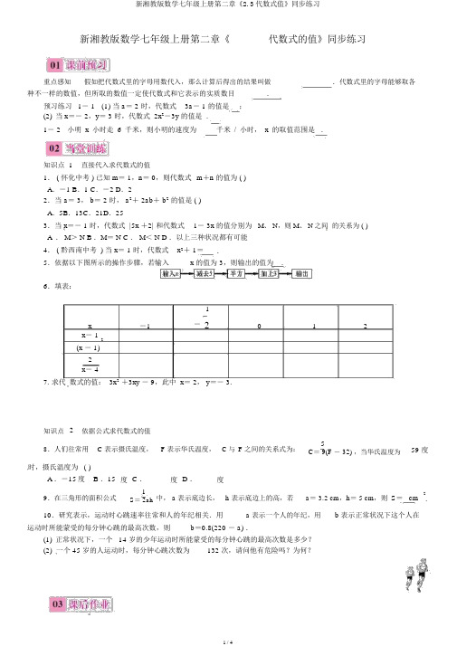 新湘教版数学七年级上册第二章《2.3代数式值》同步练习
