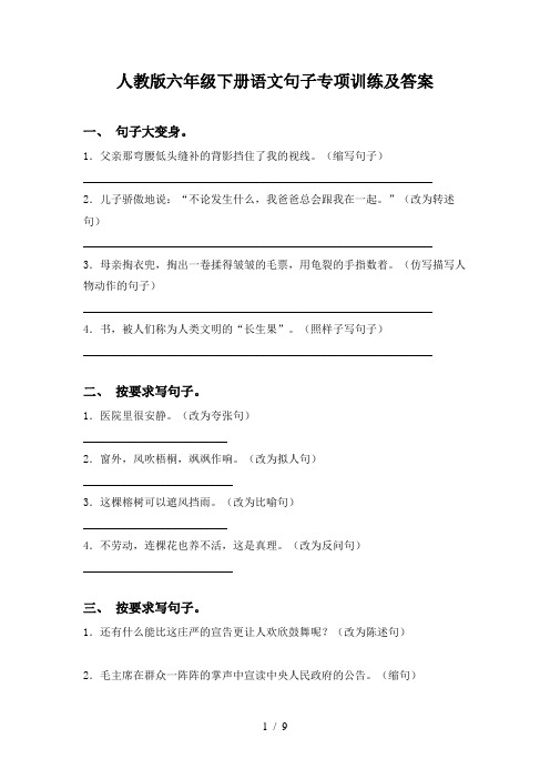 人教版六年级下册语文句子专项训练及答案