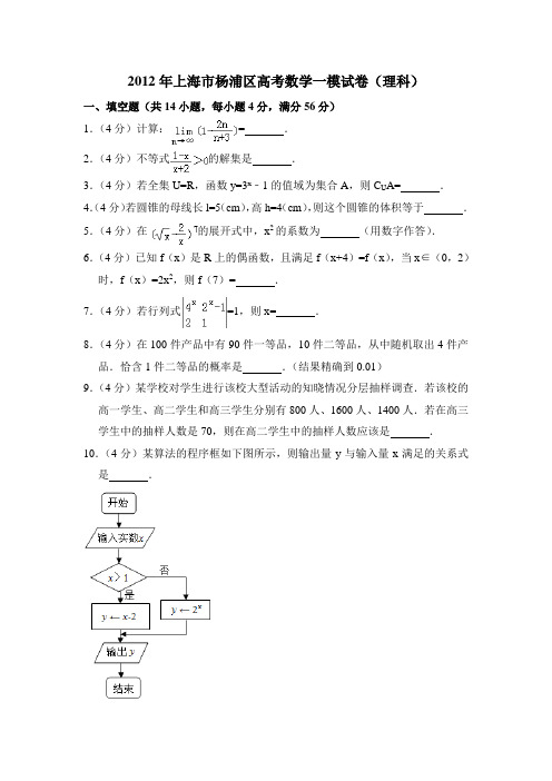 2012年上海市杨浦区高考数学一模试卷(理科) 含详解