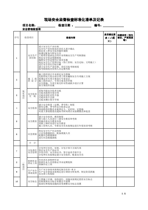 现场安全监督检查标准化清单及记录