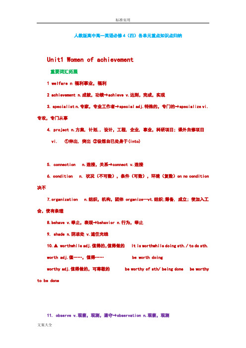 人教版高中高一英语必修4(四)各单元重点知识点归纳最新可打印版