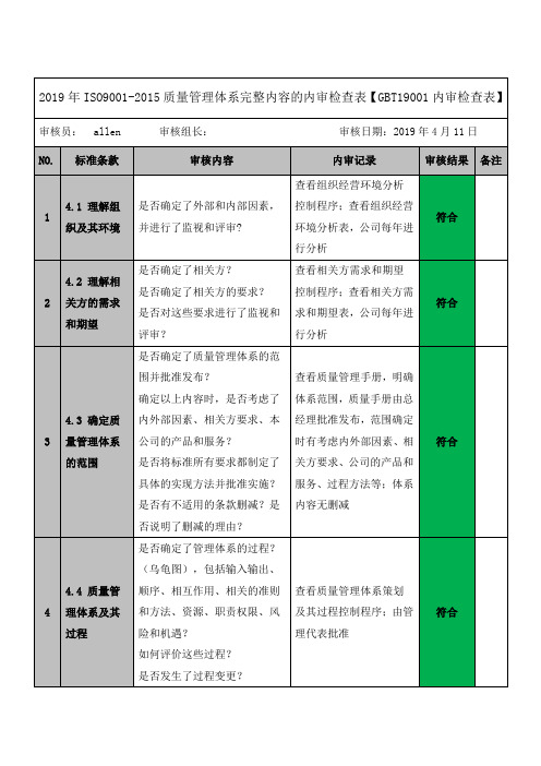 2019年ISO9001-2015质量管理体系完整内容的内审检查表【GBT19001内审检查表】