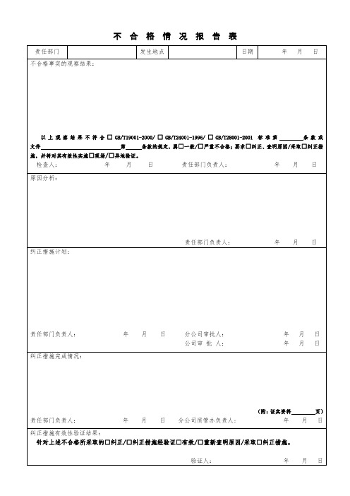 不合格情况报告表