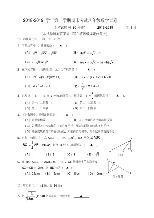 2018-2019上海版八年级数学上册期末试卷(20200420015354)