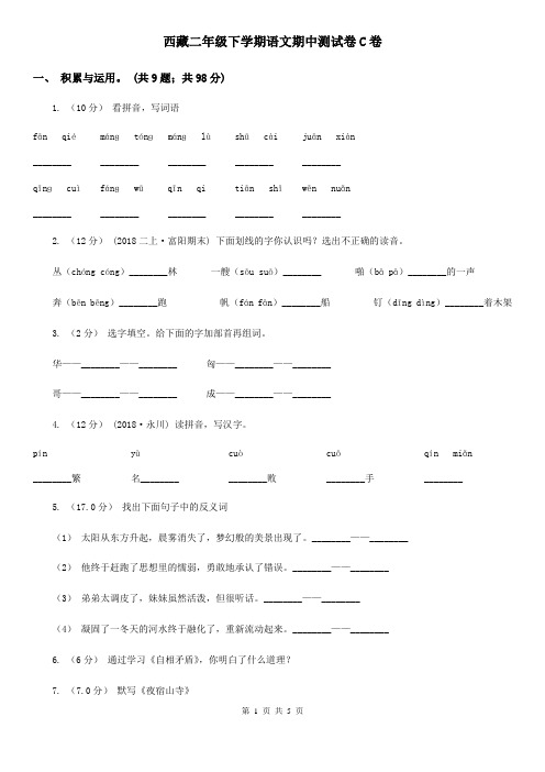 西藏二年级下学期语文期中测试卷C卷