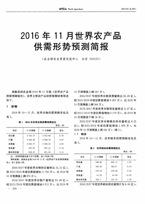 2016年11月世界农产品供需形势预测简报