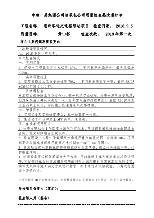 现场质量检查整改通知单