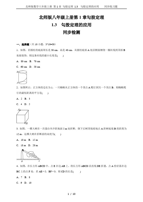 北师版数学八年级上册 第1章 勾股定理 1.3 勾股定理的应用    同步练习题