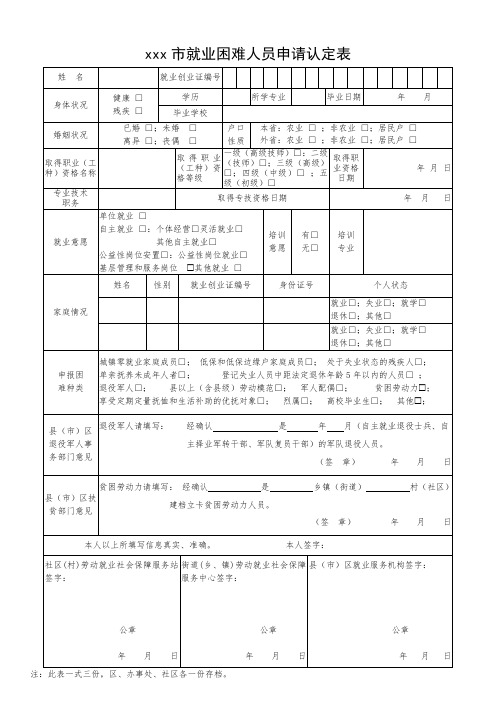 就业困难人员申请认定表