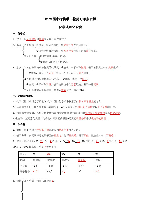 2022届中考化学一轮复习考点讲解：化学式和化合价【含答案】