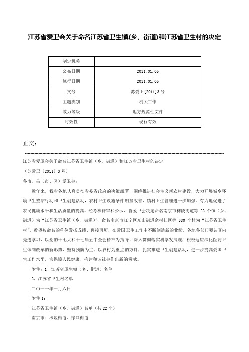 江苏省爱卫会关于命名江苏省卫生镇(乡、街道)和江苏省卫生村的决定-苏爱卫[2011]3号