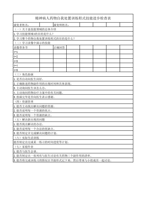 精神病人药物自我处置训练程式技能进步检查表