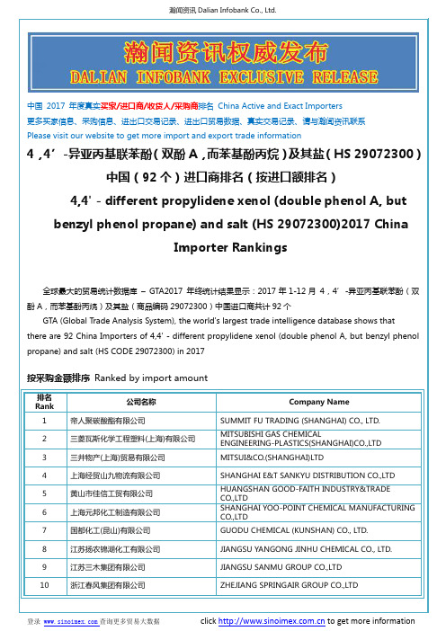 4,4’-异亚丙基联苯酚(双酚A...(HS 29072300)2017 中国(92个)进口商排名(按进口额排名)