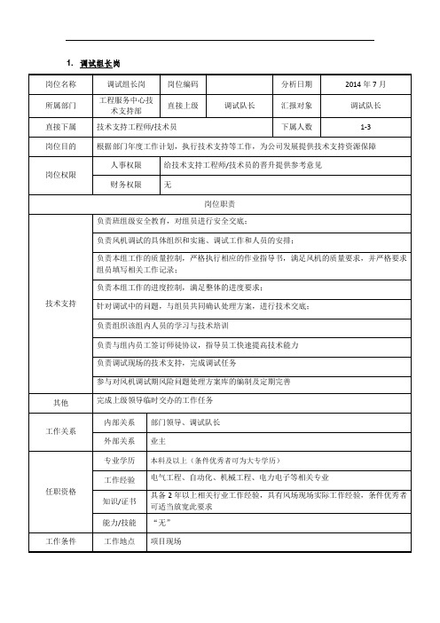 风电电力安装公司岗位说明书JD调试组长岗