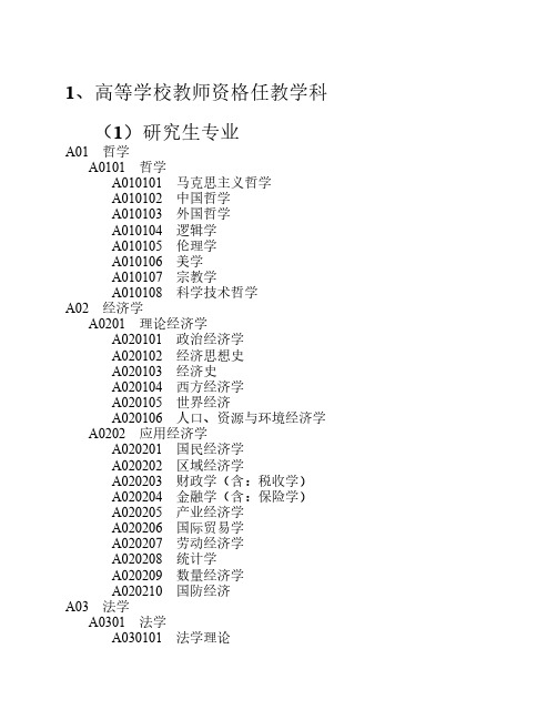 全国教师资格认定管理信息系统任教学科对照表