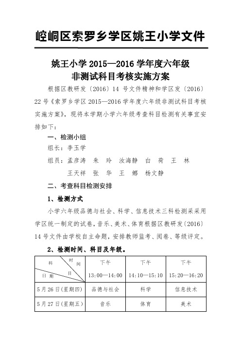 六年级非测试科目考核实施方案