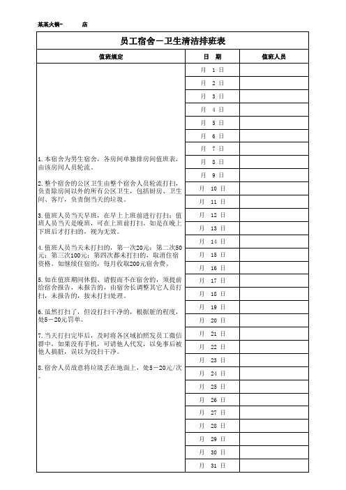 员工宿舍卫生值班规定与值班表