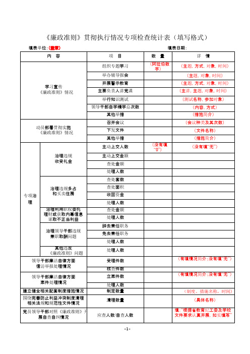 廉政准则贯彻执行情况专项检查统计表填写格式