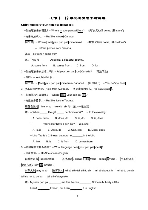 七年级下英语第1-12单元知识点讲解：必背句子与词组(19页)