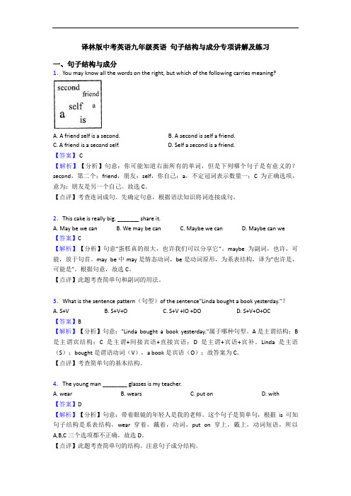 译林版中考英语九年级英语 句子结构与成分专项讲解及练习