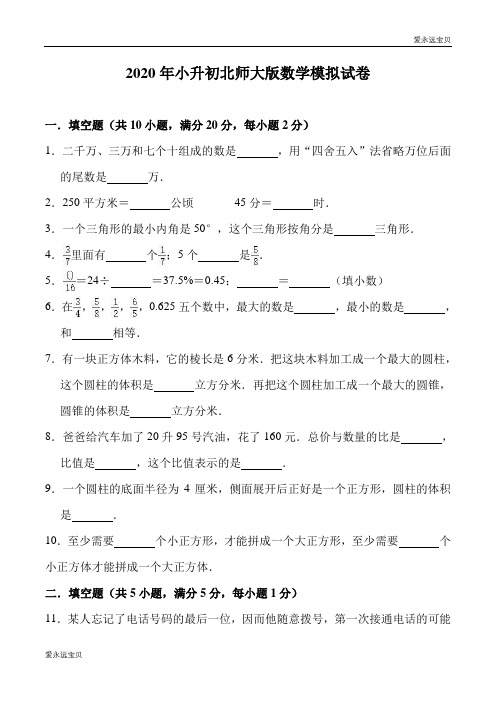 2020年六年级数学小升初模拟试卷2   北师大版(含详细解析)