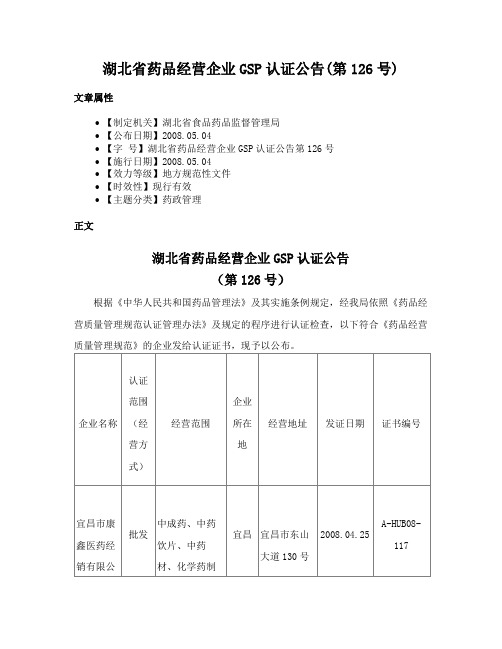 湖北省药品经营企业GSP认证公告(第126号)