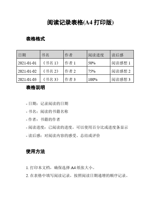 阅读记录表格(A4打印版)