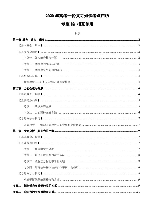 2020年高考物理一轮复习考点归纳专题2-相互作用附答案