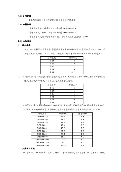 电气配管配线安装工程工艺设计和质量标准