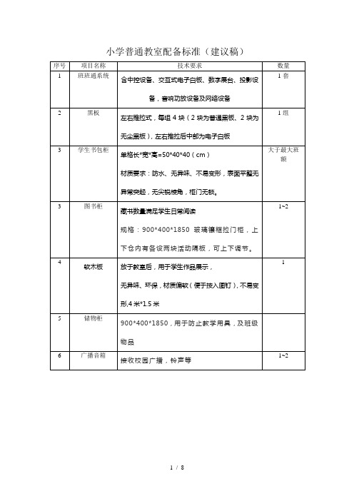 小学普通教室配备标准