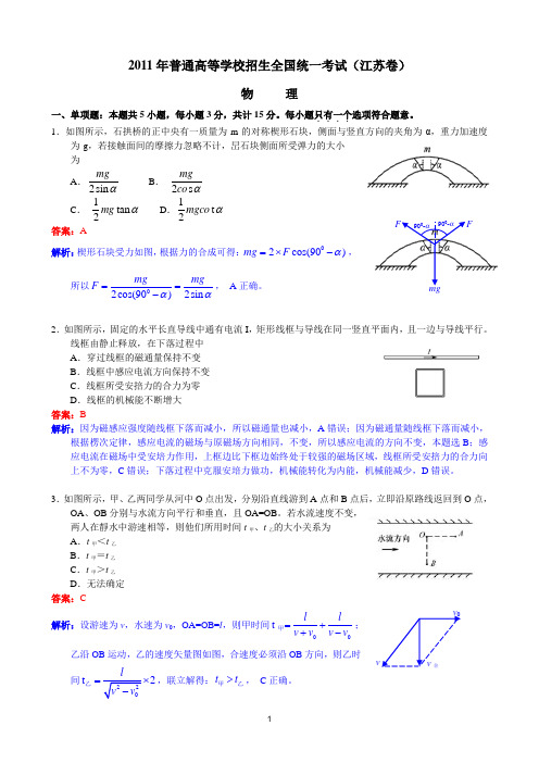 2011年高考物理试题江苏卷试题和答案