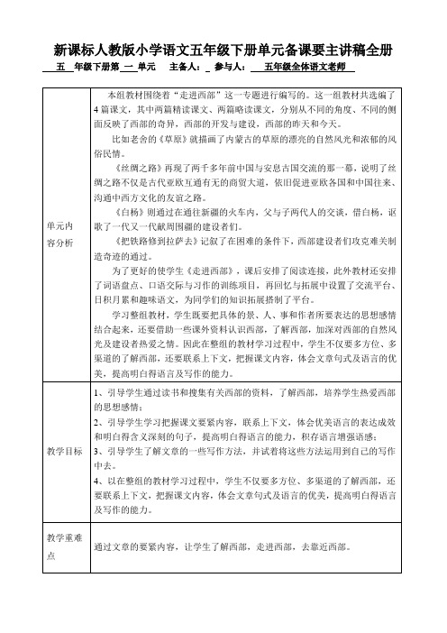 新课标人教版小学语文五年级下册单元备课要主讲稿全册